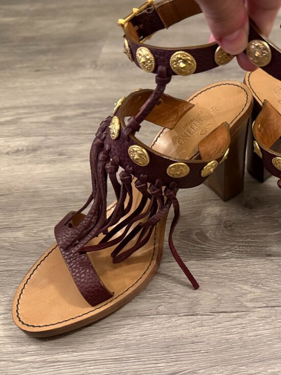 Valentino Garavani Shoes - NEW Valentino Brown Chunky Sandals with Gold Coins and Fringe - Size 38